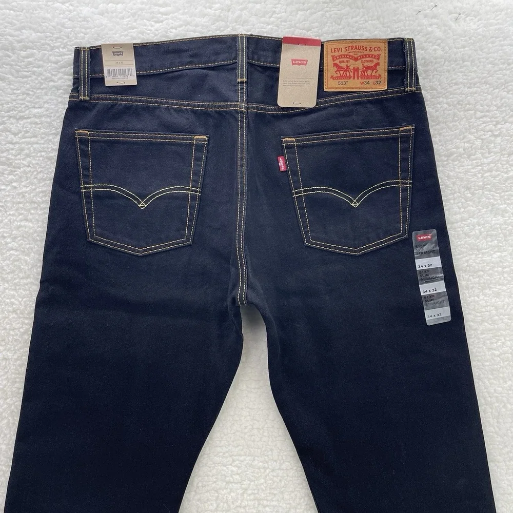 Levis 513 Jeans Mens 34x32 Blue Black Slim Straight Dark Wash Stretch Denim NEW